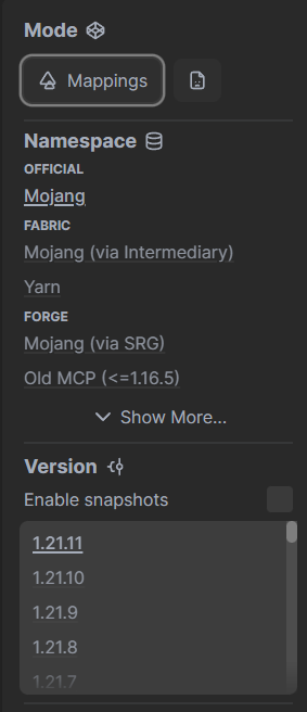 Correct version and mappings selected on Linkie