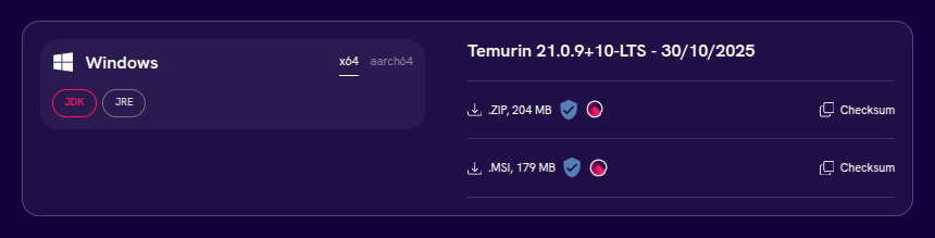Adoptium download page with Windows Installer (.msi) highlighted